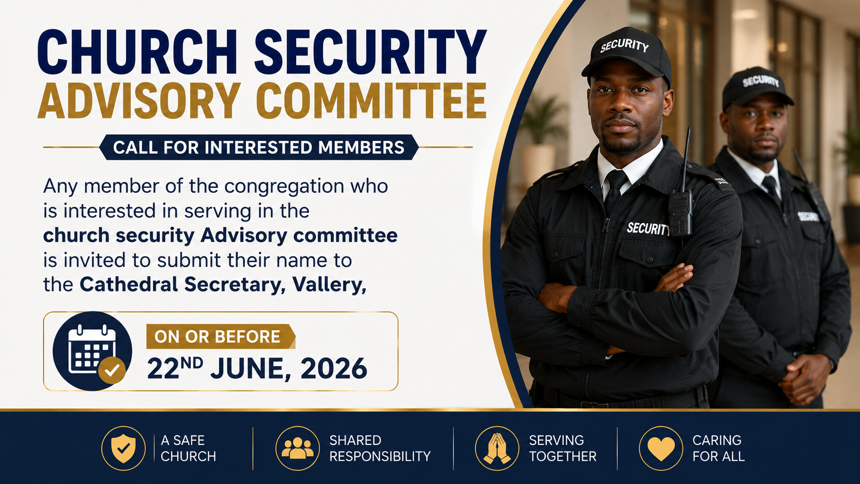 CALL FOR VOLUNTEERS: CHURCH SECURITY ADVISORY COMMITTEE
